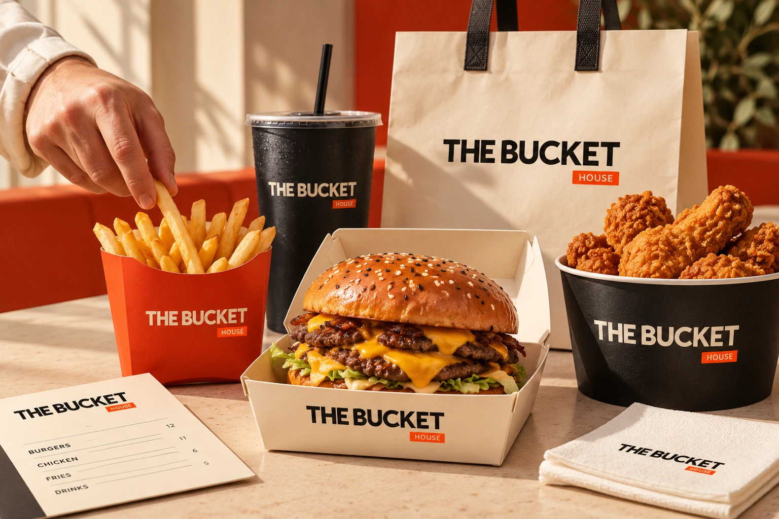 The Bucket House markalı burger, tavuk ve ambalaj kampanya görseli