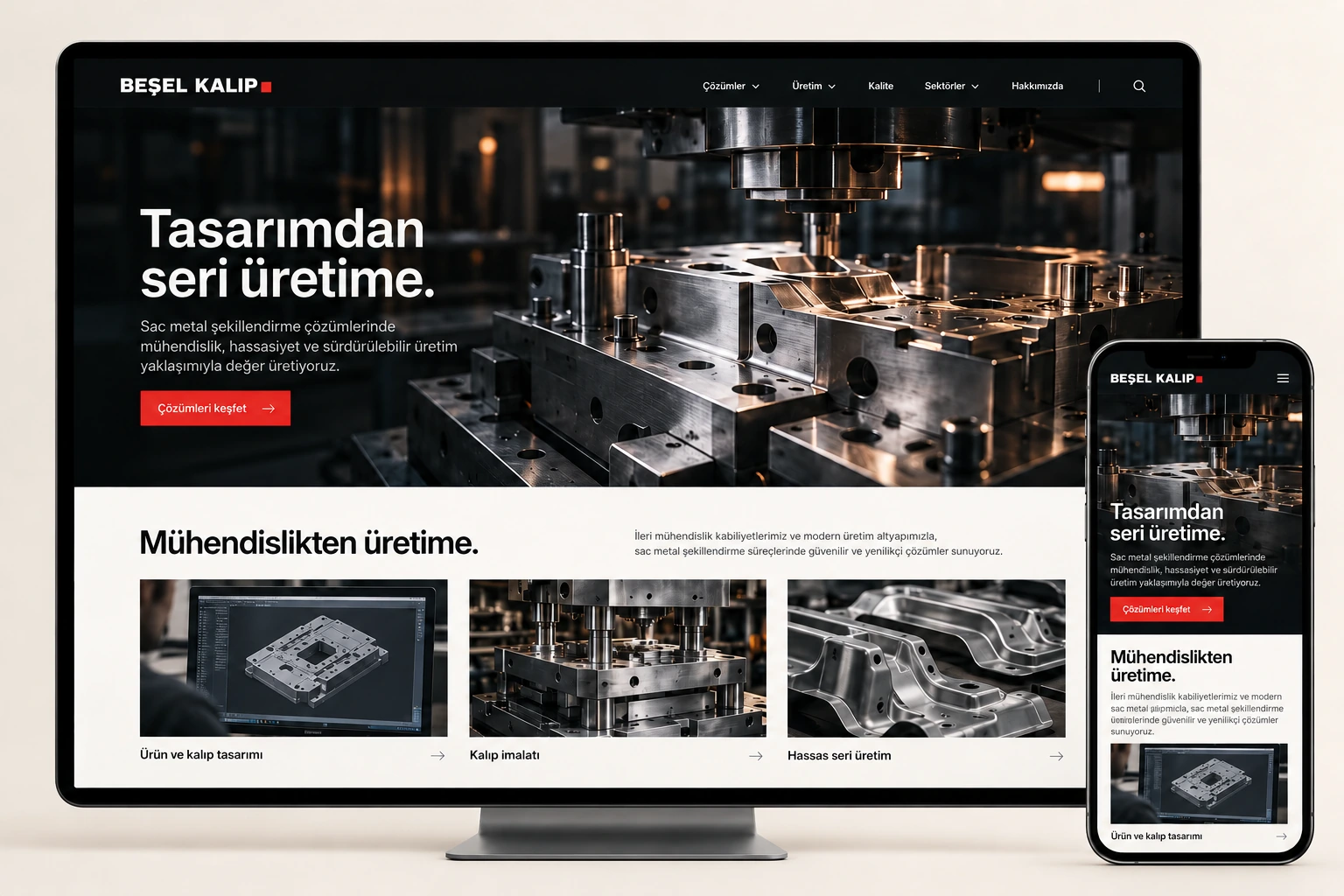 Beşel Kalıp web sitesi masaüstü ve mobil sunumu