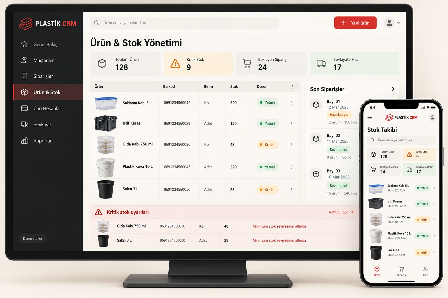Plastik CRM stok yönetimi panelinin masaüstü ve mobil sunumu