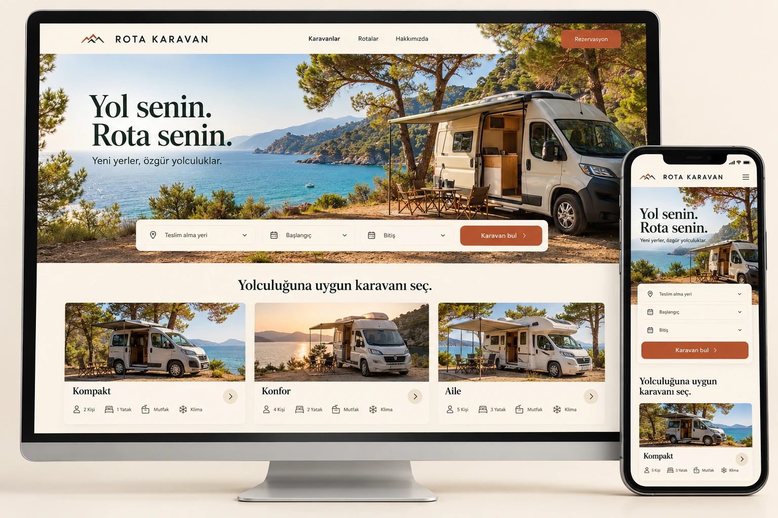 Rota Karavan kiralama web sitesinin masaüstü ve mobil sunumu
